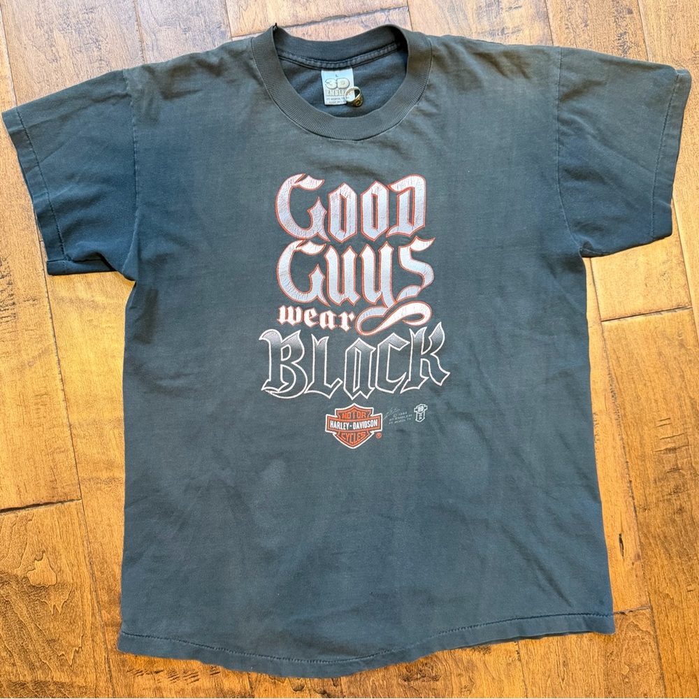 Vintage 1988 3D Emblem Harley Davidson Good Guys Wear Black Faded Tee